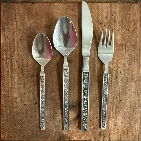 Vintage 4pc Interpur Mexicali Rose Stainless Steel Japan Teaspoon Dinner Spoon F - Picture 1 of 5